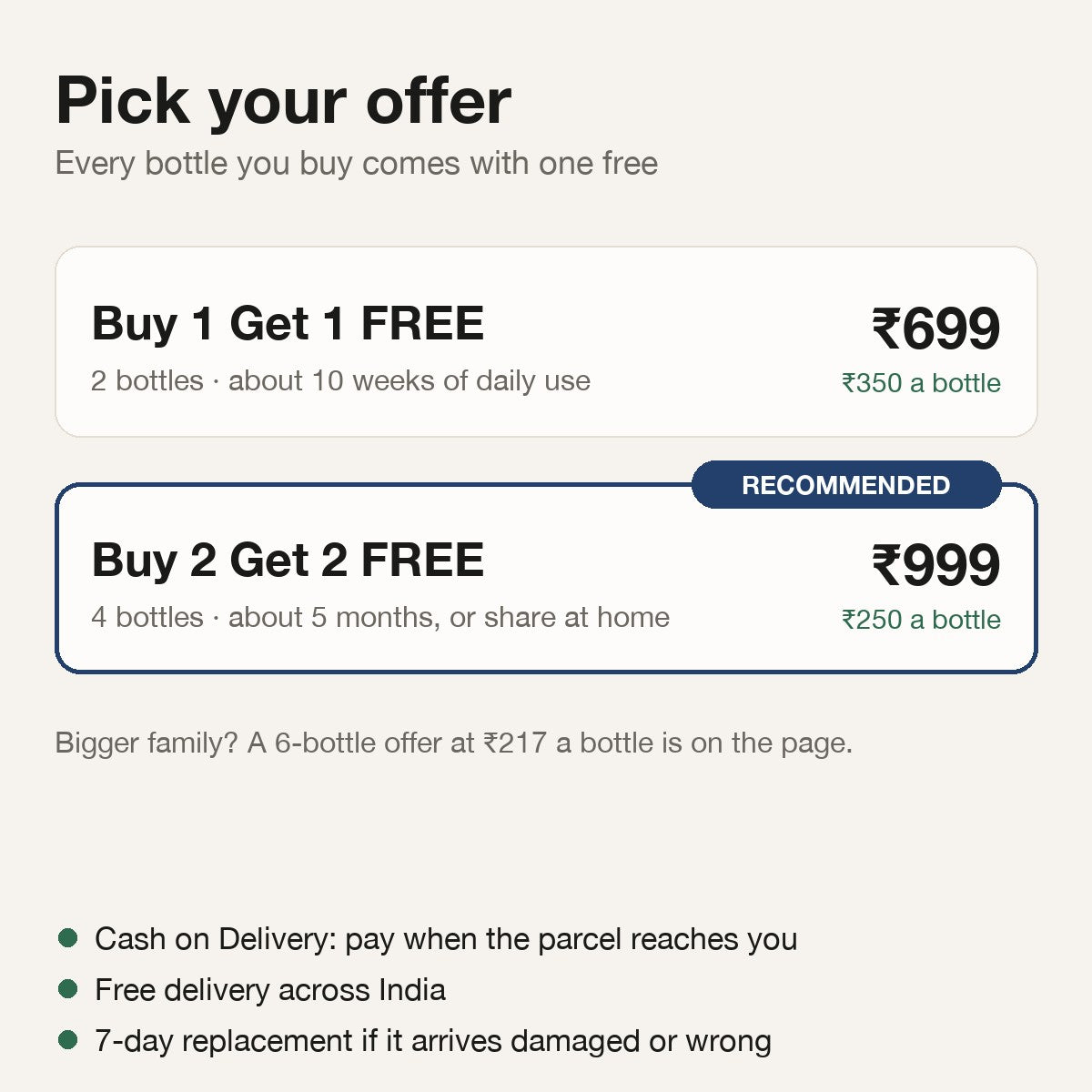 Buy 1 Get 1 at Rs 699, Buy 2 Get 2 at Rs 999, cash on delivery, free delivery